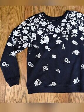 Style & Co. Black Crewneck Sweater with White Floral Print